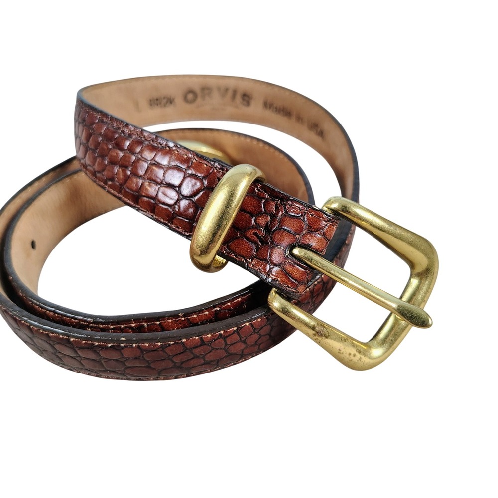 Orvis Womens L Croc Embossed Leather Belt Brown Solid Brass Equestrian Gorpcore